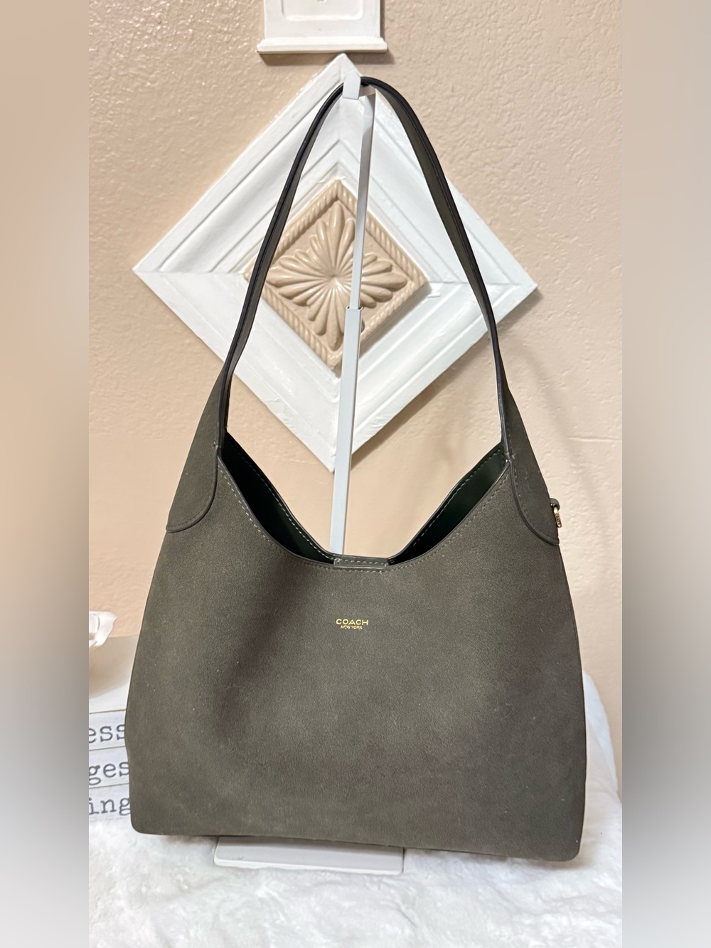 Coach Olive Green Suede Hobo with Gold Logo